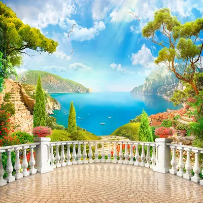 Фотообои GrandPik 71436, 200х200 см(ШхВ) Фреска \"Балкон на море,  Средиземноморский пейзаж\" - купить по выгодной цене в интернет-магазине  OZON (616478775)