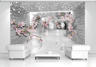 Фото обои 3д цветы и шары 254x184 см Серые стены и ветки вишни  (3360P4)+клей по цене 950,00 грн