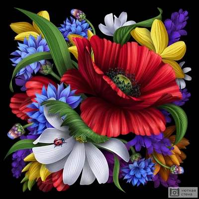 Фотообои \"3D цветы на черном фоне\" - Арт. 020090 | Купить в  интернет-магазине Уютная стена