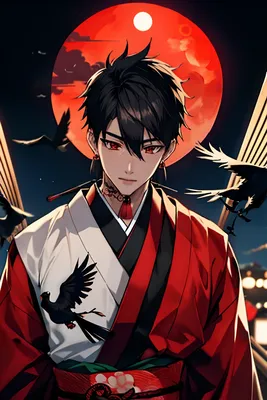 Персонажи аниме с красной луной на заднем плане, Красивый японский мальчик- демон, красивый парень в арте убийцы демонов, Мужской стиль аниме, аниме  стиль 4 К - SeaArt AI