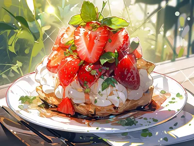 Вкусный еда на столе, аниме» — создано в Шедевруме