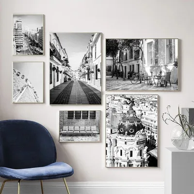 Черно-белые картины на стену из Мадрида в Испании, уличный пейзаж, картины  на холсте, плакаты и принты для гостиной, домашний декор | AliExpress