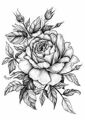 Красивые черно-белые бесшовные розы с маленькими цветами. Ручные контурные  линии и штрихи. Рисунок в стиле монохромных цветов и листьев. Замысловатый  романтический фон Векторное изображение ©MiaMilky 161848774