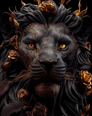 Черный лев с золотыми глазами и золотыми цветами | Премиум Фото