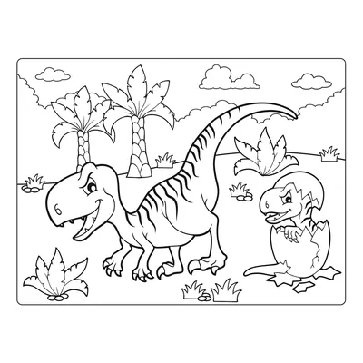 Раскраска Мультяшный свирепый динозавр и вылупившееся яйцо распечатать или  скачать