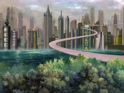 Город будущего, небоскребы, научная фантастика Иллюстрация штока -  иллюстрации насчитывающей урбанско, отражения: 44502711