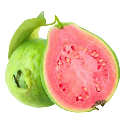 Гуава - тропический фрукт с розовой сочной мякотью и сильным сладким  ароматом с листьями на прозрачном фоне. | Премиум PSD Файл