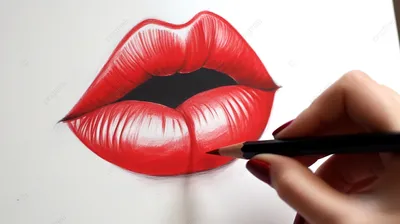 рука рисует красные губы карандашом, рисунок губ, Рисование, рисовать фон  картинки и Фото для бесплатной загрузки