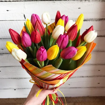 Разноцветные тюльпаны в букете \"Росси Пинк\" купить в Краснодаре с доставкой