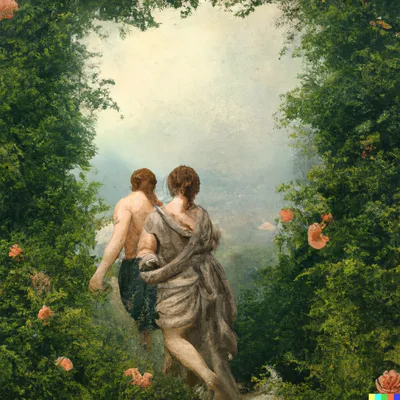 Adam and eve in eden next to apple tree flat Vector Image