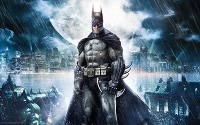 Обои на рабочий стол Постер к фильму 'Бэтмен: Возрождение легенды / Batman:  Rise' с изображением главного героя Бэтмена / Batman на фоне горящих  зданий, обои для рабочего стола, скачать обои, обои бесплатно