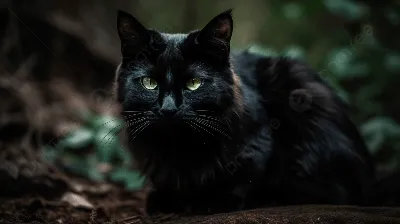 зеленый и черный кот сидит в лесу, черный кот с зелеными глазами, Hd  фотография фото, кошка фон картинки и Фото для бесплатной загрузки