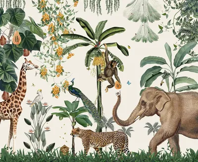 Фотообои Для малышей \"Животные в джунглях рисунок акварель\" - арт 035000051  | Купить в интернет-магазине Фото в дом