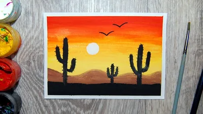 Как нарисовать закат гуашью. Рисуем кактусы в пустыне - YouTube