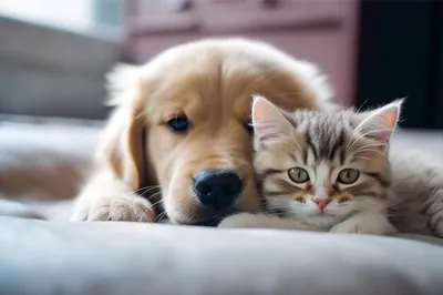 Дружба собаки и кошки проявляется в том, как собака обнимает кошку дома под  ковриком. | Премиум Фото