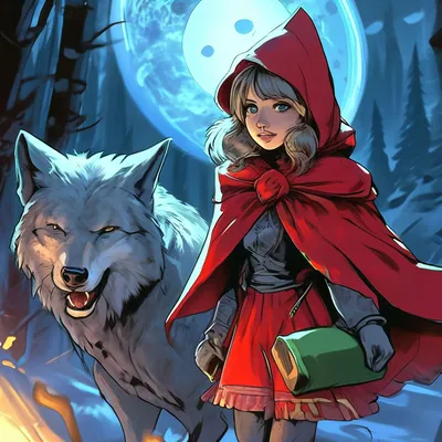 Иллюстрация Красная Шапочка и серый волк в стиле анимационный,