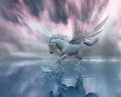 Обои на рабочий стол Белая лошадь с крыльями бежит по водной глади, обои  для рабочего стола, скачать обои, обои бесплатно