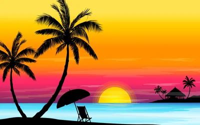 Пляж с пальмами и закатом солнца | Премиум Фото