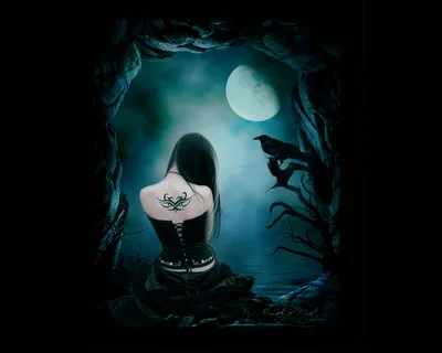 Девушка со спины в чёрной одежде с капюшоном на фоне луны и волка —  Фотографии на аву