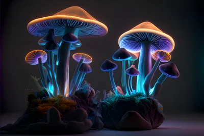 Фантастические неоновые грибы на сером фоне - обои для рабочего стола,  картинки, фото