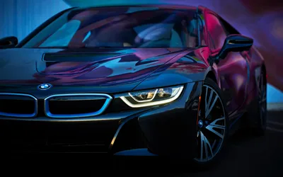 Обои на рабочий стол Черная машина BMW, c зеленой неоновой подсветкой  передней панели и фар, обои для рабочего стола, скачать обои, обои бесплатно