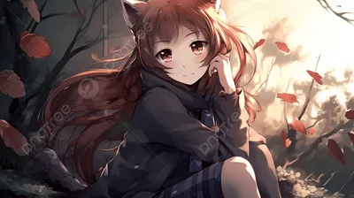 красивая аниме девушка сидит в лесу, неко картина, счастливый, кошка фон  картинки и Фото для бесплатной загрузки