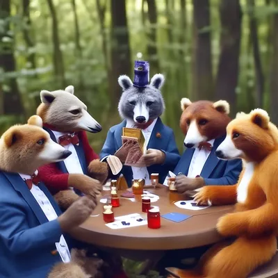 Пьяные лесные животные играют в …» — создано в Шедевруме