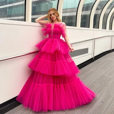 2023 модные ярко-розовые длинные вечерние платья для выпускного вечера,  Многоярусное Тюлевое платье ручной работы без бретелек, пушистое вечернее  платье, бальное платье | AliExpress