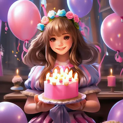 Карина! С днём рождения! Красивая открытка для Карины! Открытка с цветными  воздушными шарами, ягодным тортом и букетом нежно-розовых роз.