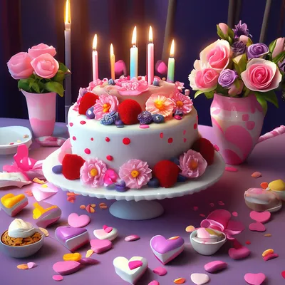 С Днем Рождения! Торт, цветы, …» — создано в Шедевруме