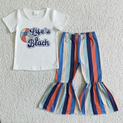 Изысканная летняя одежда для девочек, белая футболка с коротким рукавом и  надписью, синие полосатые штаны с колокольчиком, детская одежда, оптовая  продажа | AliExpress