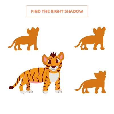Найдите правильную тень для мультяшного тигренка развивающая игра для детей  | Премиум векторы