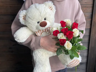 Розовые розы с мишкой - 21 шт. за 6 490 руб. | Бесплатная доставка цветов  по Москве