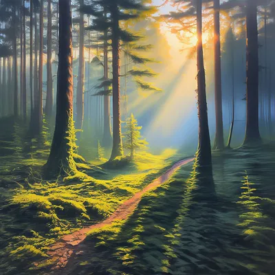Картина утро в лесу