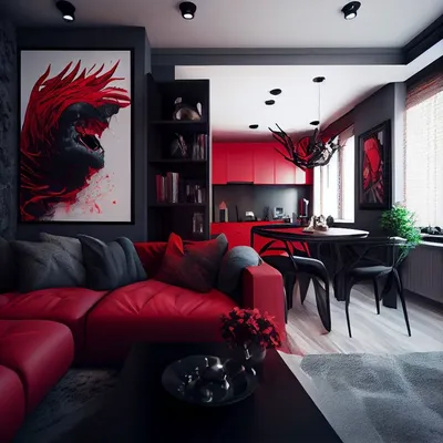 Дизайн интерьера квартиры-студии в красных и серых оттенках | Бордовые  гостиные, Дизайн интерьера, Интерьер