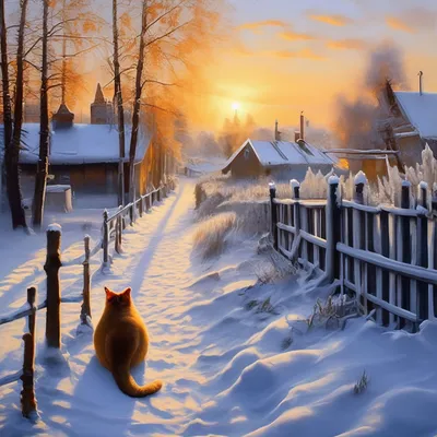 Русская деревня зима забор кот …» — создано в Шедевруме
