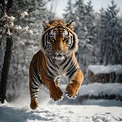 Прыгающий тигр зимой | Премиум Фото