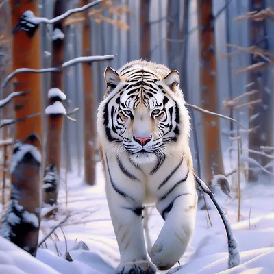 Белый тигр, гуляет по лесу, зима, …» — создано в Шедевруме