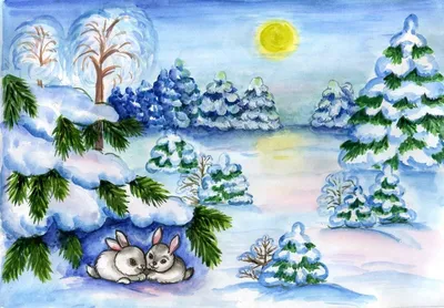 Зимний пейзаж рисунок для детей - 64 фото