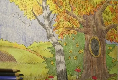 Золотая осень рисунок цветными карандашами (50 фото) » Рисунки для срисовки  и не только