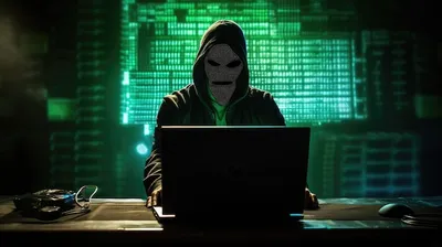 Хакер анонимус в маске и худи за ноутбуком - обои для рабочего стола,  картинки, фото