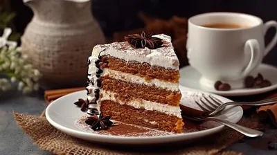 Торт с кофе и кофе на тарелке. | Премиум Фото