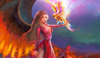 Обои на рабочий стол Красивая девушка с крыльями в красном платье держит на  руке огненную птицу, обои для рабочего стола, скачать обои, обои бесплатно