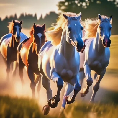 Невероятно красивые кони бегут по …» — создано в Шедевруме