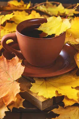 Autumn, fall leaves, hot cup of coffee on wooden table background | Пора  пить кофе, Идеи для блюд, Деликатесы
