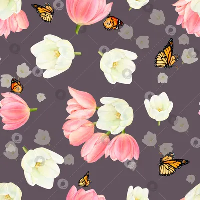Акварельный рисунок, изображающий красивые цветы белых и розовых тюльпанов  и летящих бабочек на белом фоне. Нарисованные вручную роскошные цветы.  Высококачественная иллюстрация для логотипа, открыток, текстильной печати,  штампа, упаковки - Ozero ...