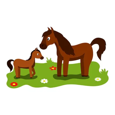 Милая мультяшная иллюстрация мамы и детей на ферме, лошади и жеребенка |  Премиум векторы