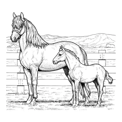 Раскраска Лошадь и жеребёнок распечатать или скачать