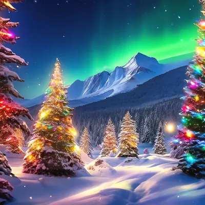 Пейзаж, новогодние ели в разноцветных…» — создано в Шедевруме