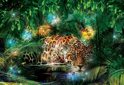 Коты фото обои Животные Леопард 254x184 см Ягуар в зеленых тропических  джунглях (10212P4)+клей по цене 850,00 грн